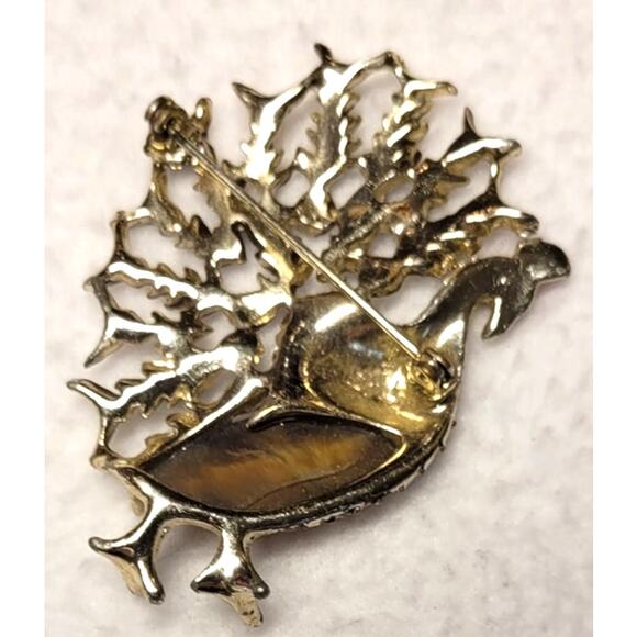 Turkey Brooch Pin 2" Goldtone White Enamel Holiday Thanksgiving Xmas Vintage - Picture 5 of 5